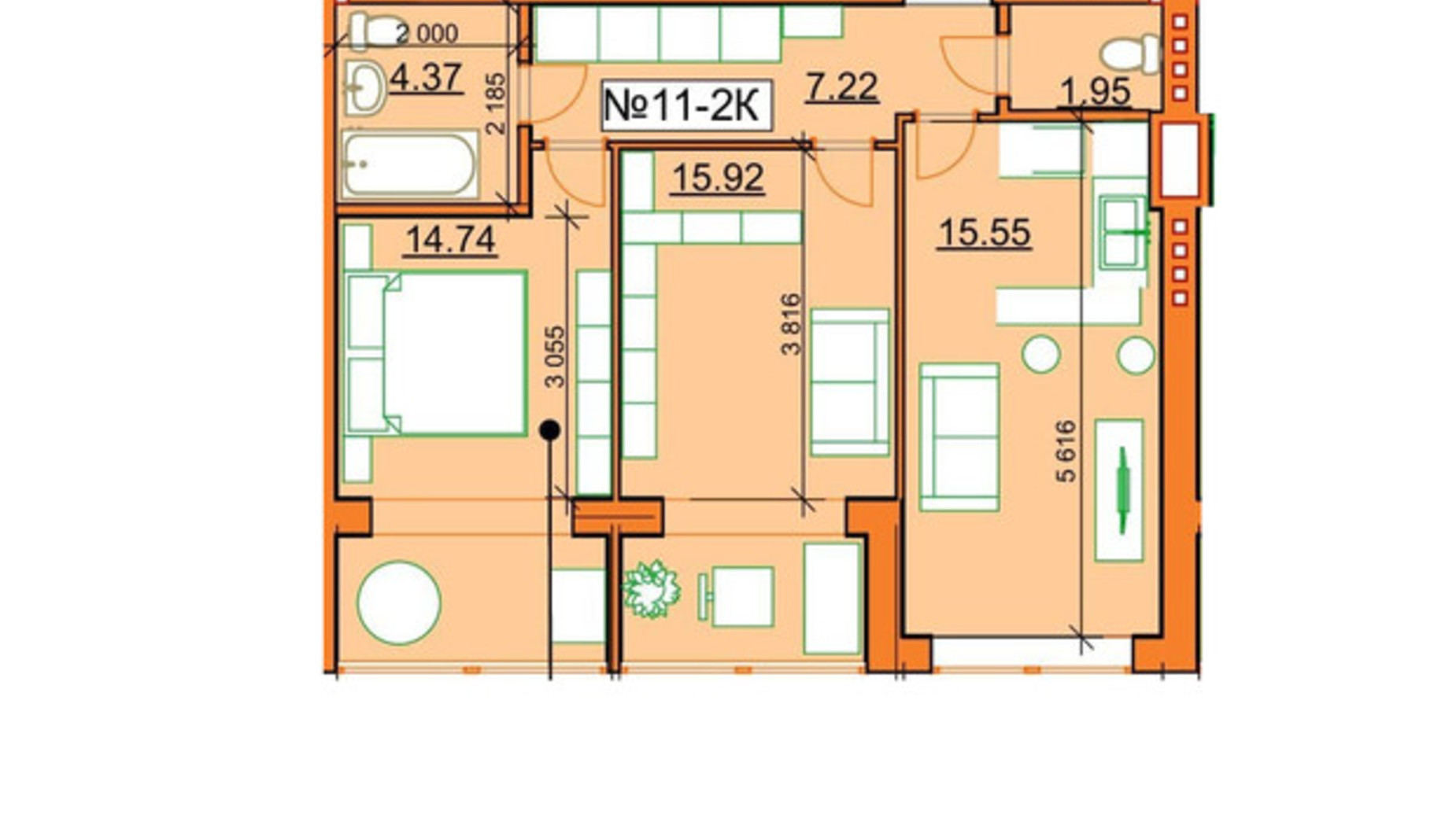 Планировка 2-комнатной квартиры в ЖК Гостомельские Липки 5 56.78 м², фото 245956