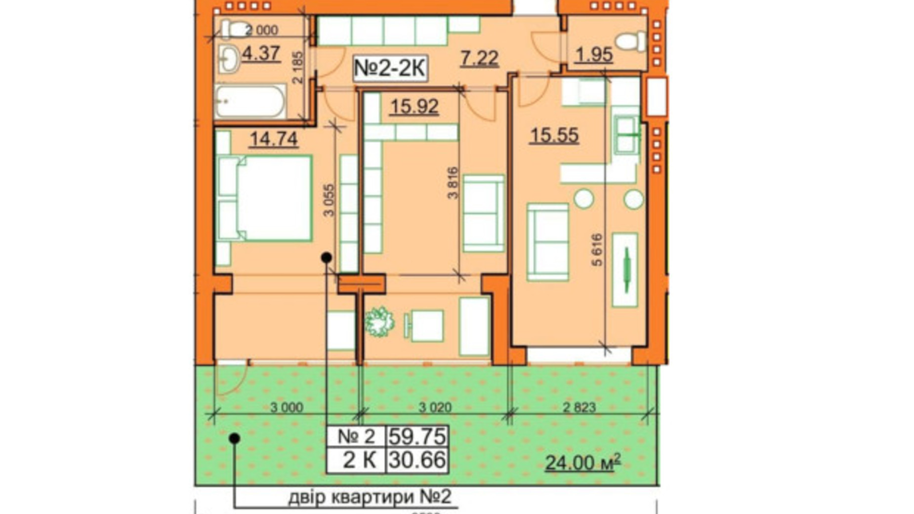 Планировка 2-комнатной квартиры в ЖК Гостомельские Липки 5 56.81 м², фото 245957