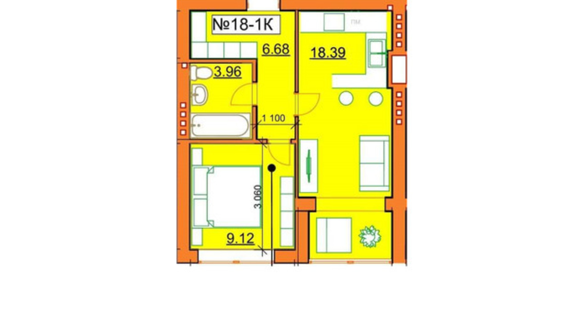 Планування 1-кімнатної квартири в ЖК Гостомельські Липки 5 40.1 м², фото 245958