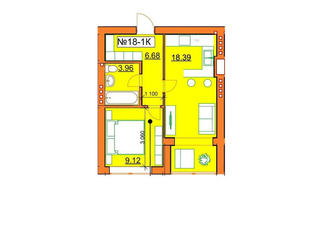 ЖК Гостомельские Липки 5: планировка 1-комнатной квартиры 40.1 м²
