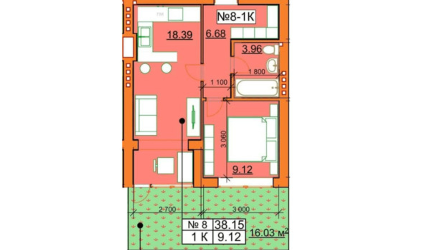 Планування 1-кімнатної квартири в ЖК Гостомельські Липки 5 38.15 м², фото 245960