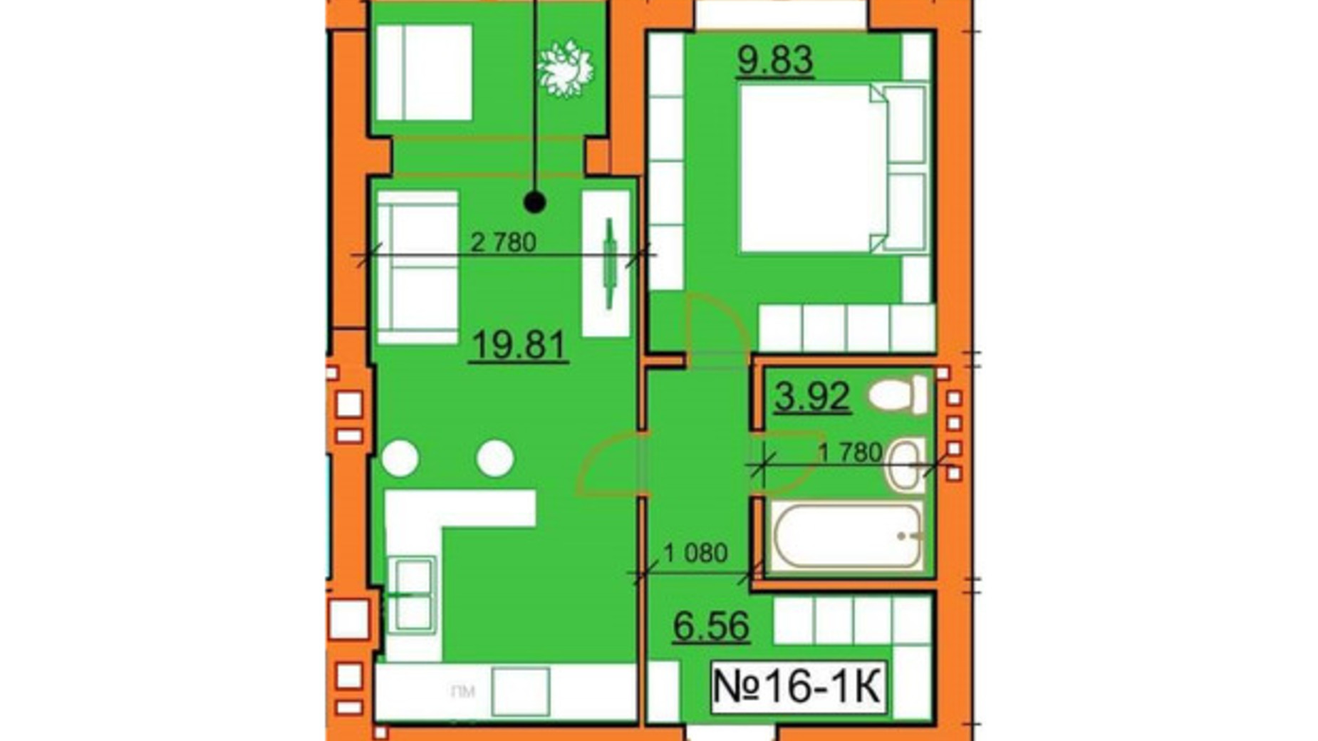 Планування 1-кімнатної квартири в ЖК Гостомельські Липки 5 40.12 м², фото 245961