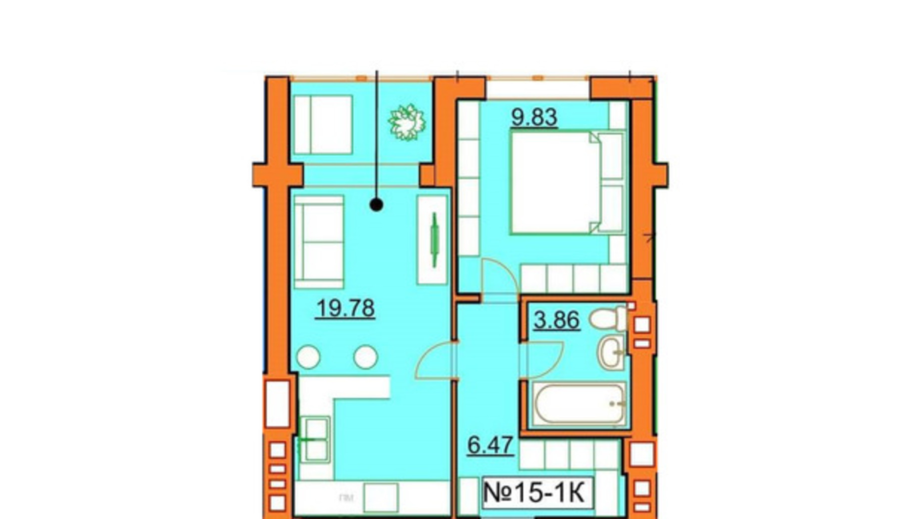 Планування 1-кімнатної квартири в ЖК Гостомельські Липки 5 39.94 м², фото 245964