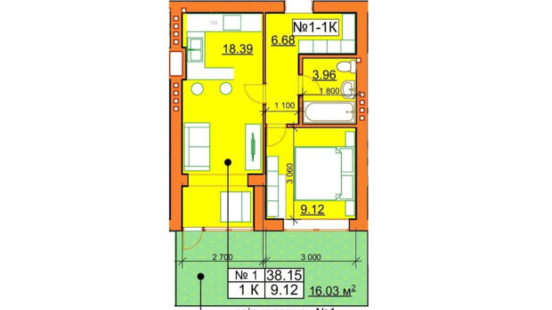 Планировка 1-комнатной квартиры в ЖК Гостомельские Липки 5 38 м², фото 245970