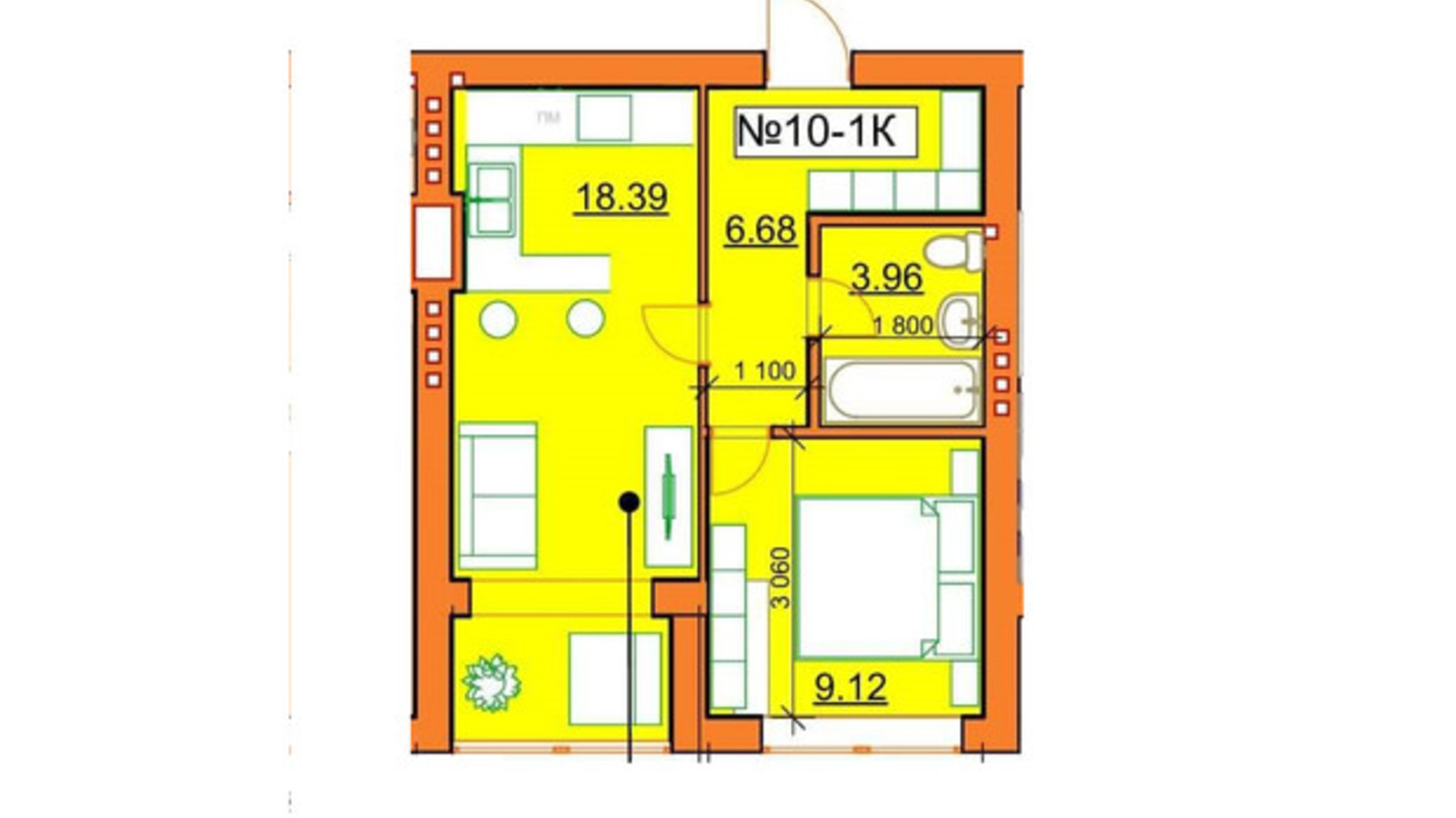 Планування 1-кімнатної квартири в ЖК Гостомельські Липки 5 39.8 м², фото 245971