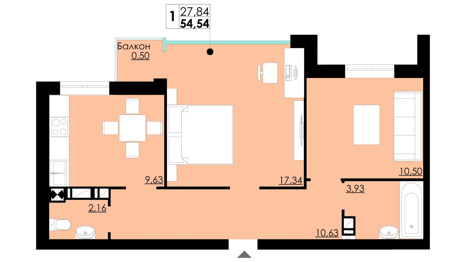 Планування 1-кімнатної квартири в ЖК Comfort City 54.54 м², фото 246072