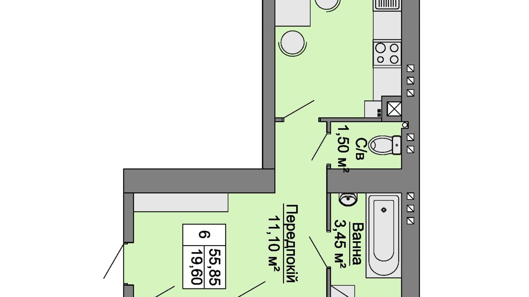 Планування 1-кімнатної квартири в ЖК Сучасне Житло 55 м², фото 246084