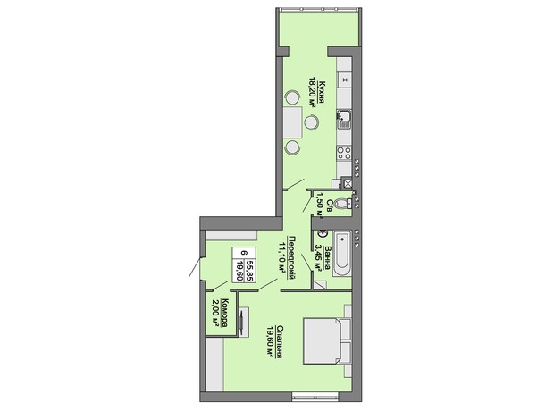 ЖК Сучасне Житло: планировка 1-комнатной квартиры 55 м²