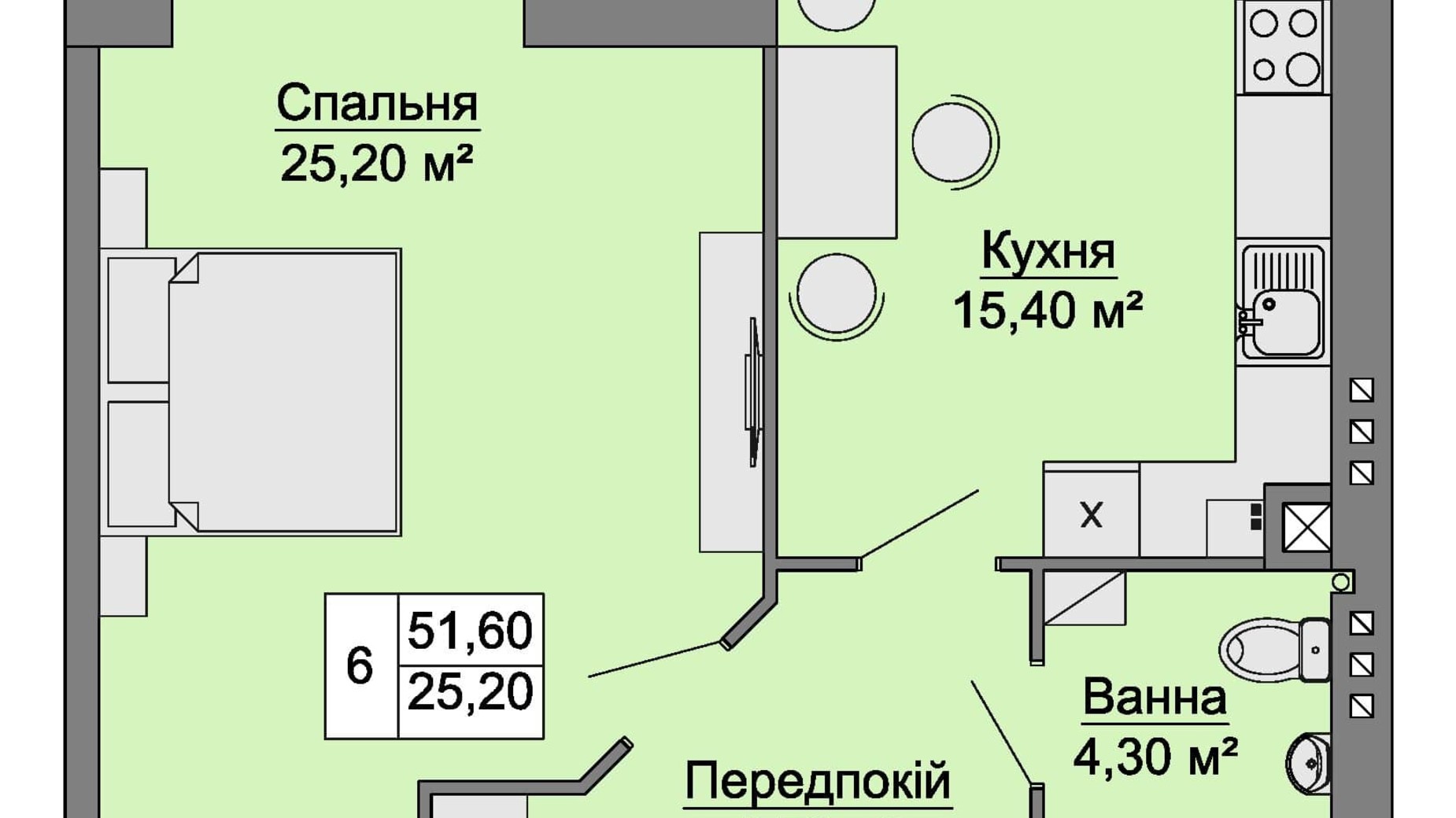 Планировка 1-комнатной квартиры в ЖК Сучасне Житло 52.4 м², фото 246086