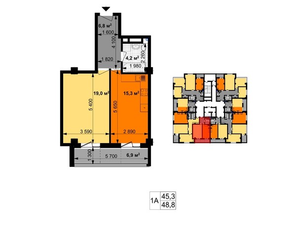 ЖК Графіка: планування 1-кімнатної квартири 48.8 м²