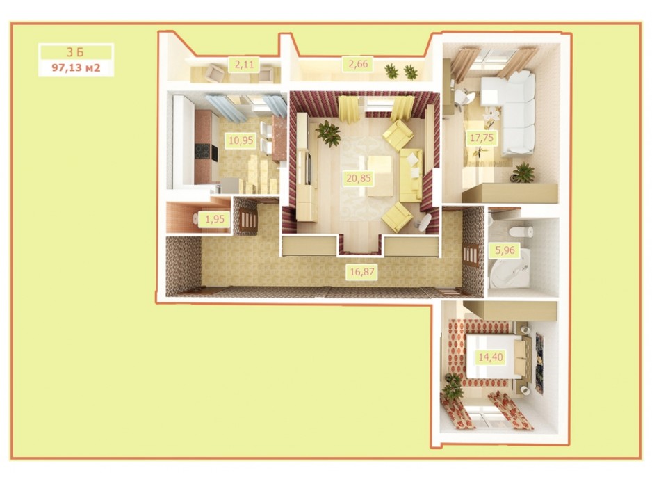 Планировка 3-комнатной квартиры в ЖК Palladium 97.7 м², фото 24675 Планировка 3-комнатной квартиры в ЖК Palladium 97.7 м², фото 24675