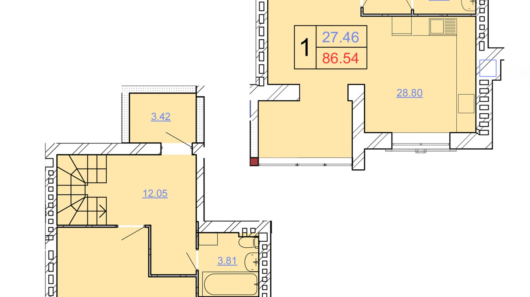 Планировка много­уровневой квартиры в ЖК Avila Lux ll 86.54 м², фото 246934