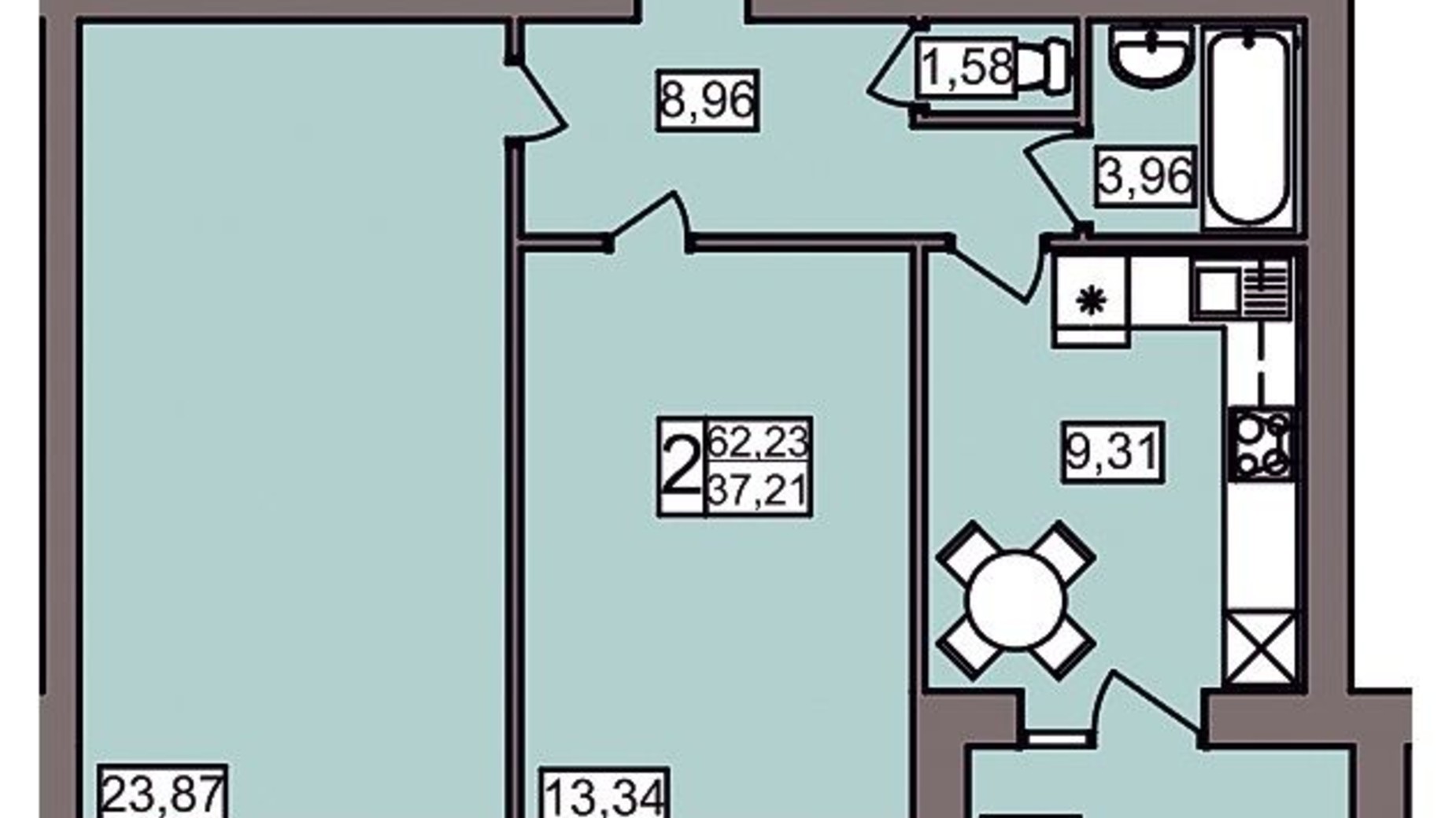 Планировка 2-комнатной квартиры в ЖК Северный 62.24 м², фото 247192