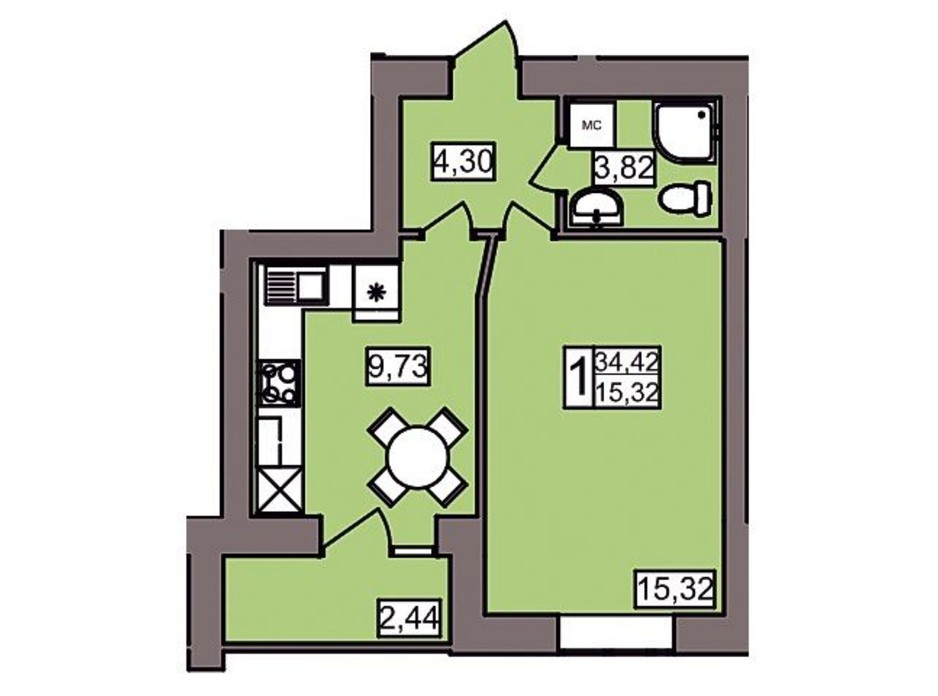 Планировка 1-комнатной квартиры в ЖК Северный 34.42 м², фото 247193 Планировка 1-комнатной квартиры в ЖК Северный 34.42 м², фото 247193