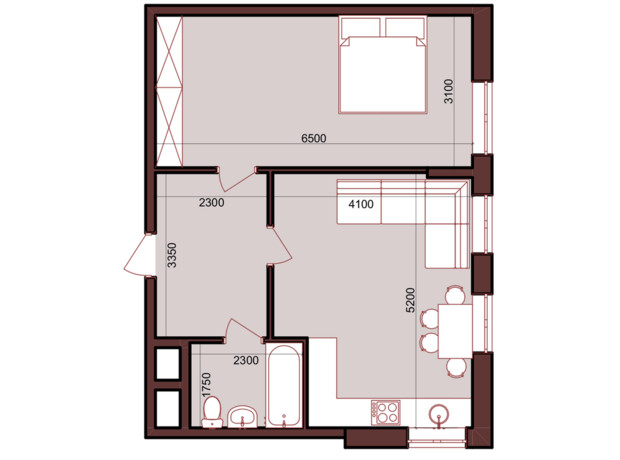 ЖК Urban One Klochkivska: планування 1-кімнатної квартири 50.27 м²