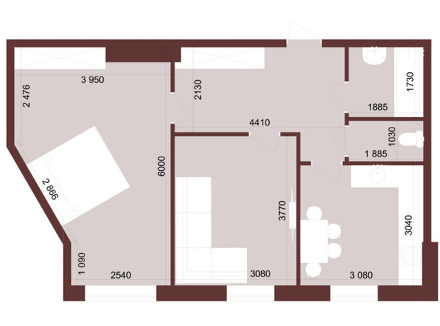 ЖК Urban One Klochkivska: планування 2-кімнатної квартири 54.88 м²