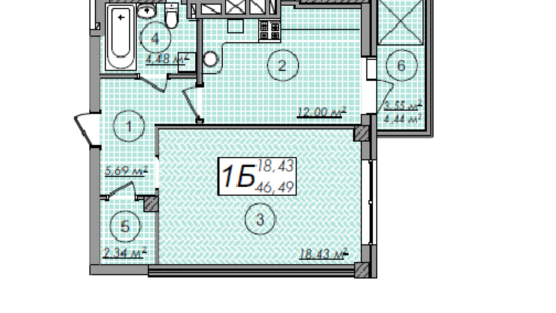 Планування 1-кімнатної квартири в ЖК Олімп 46.49 м², фото 247286