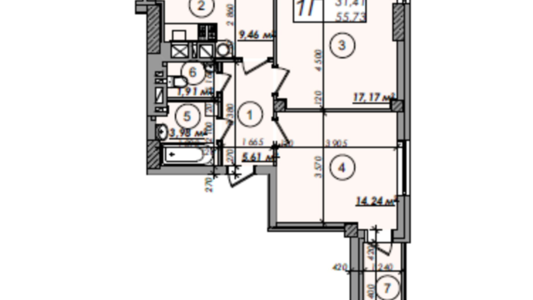 Планування 2-кімнатної квартири в ЖК Олімп 55.73 м², фото 247293