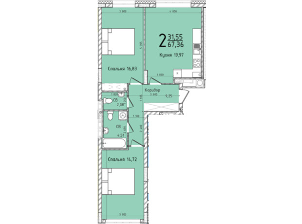 Житловий квартал Continent: планування 2-кімнатної квартири 67.67 м²