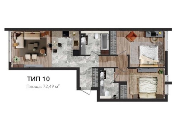 ЖК Сityline: планировка 2-комнатной квартиры 72.49 м²