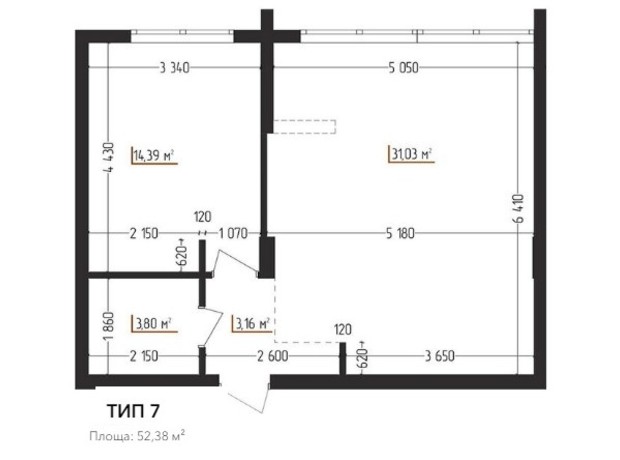 ЖК Cityline: планування 1-кімнатної квартири 52.38 м²