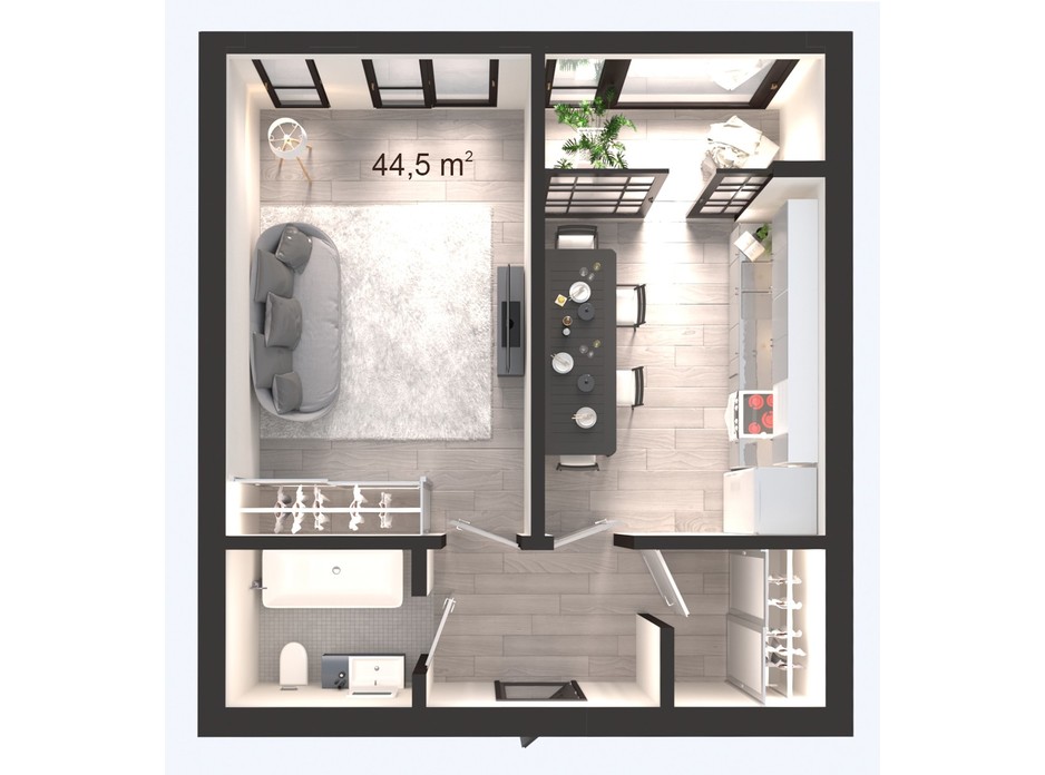 Планування 1-кімнатної квартири в ЖК Вертикаль 44.5 м², фото 247833 Планування 1-кімнатної квартири в ЖК Вертикаль 44.5 м², фото 247833