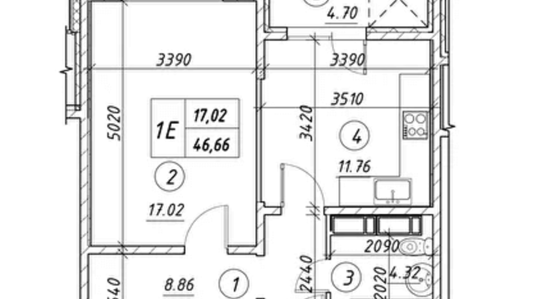 Планировка 1-комнатной квартиры в ЖК Ревуцкий 46.66 м², фото 248487