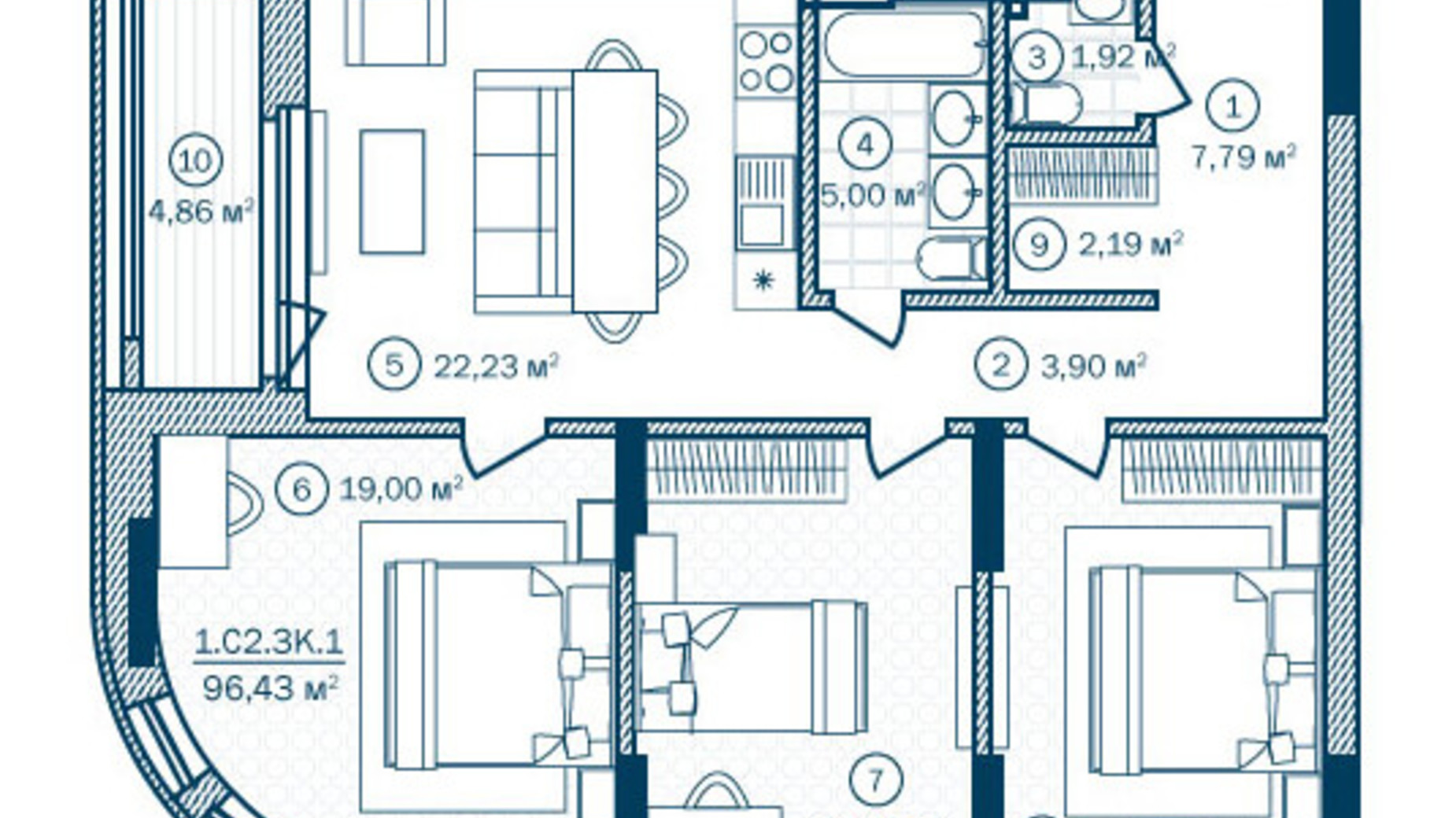 Планування 3-кімнатної квартири в ЖК Rusaniv Residence 96.43 м², фото 248690