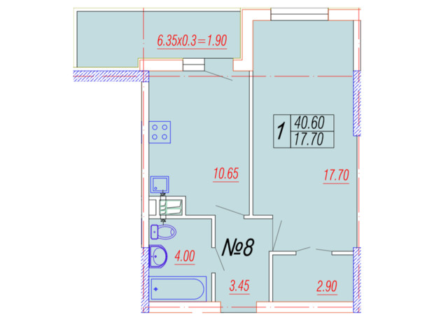 ЖК Лотос Хол: планування 1-кімнатної квартири 40.6 м²