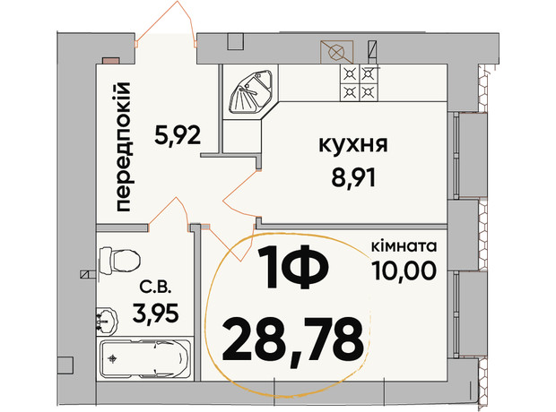 ЖК Сontinent RAY: планировка 1-комнатной квартиры 28.78 м²