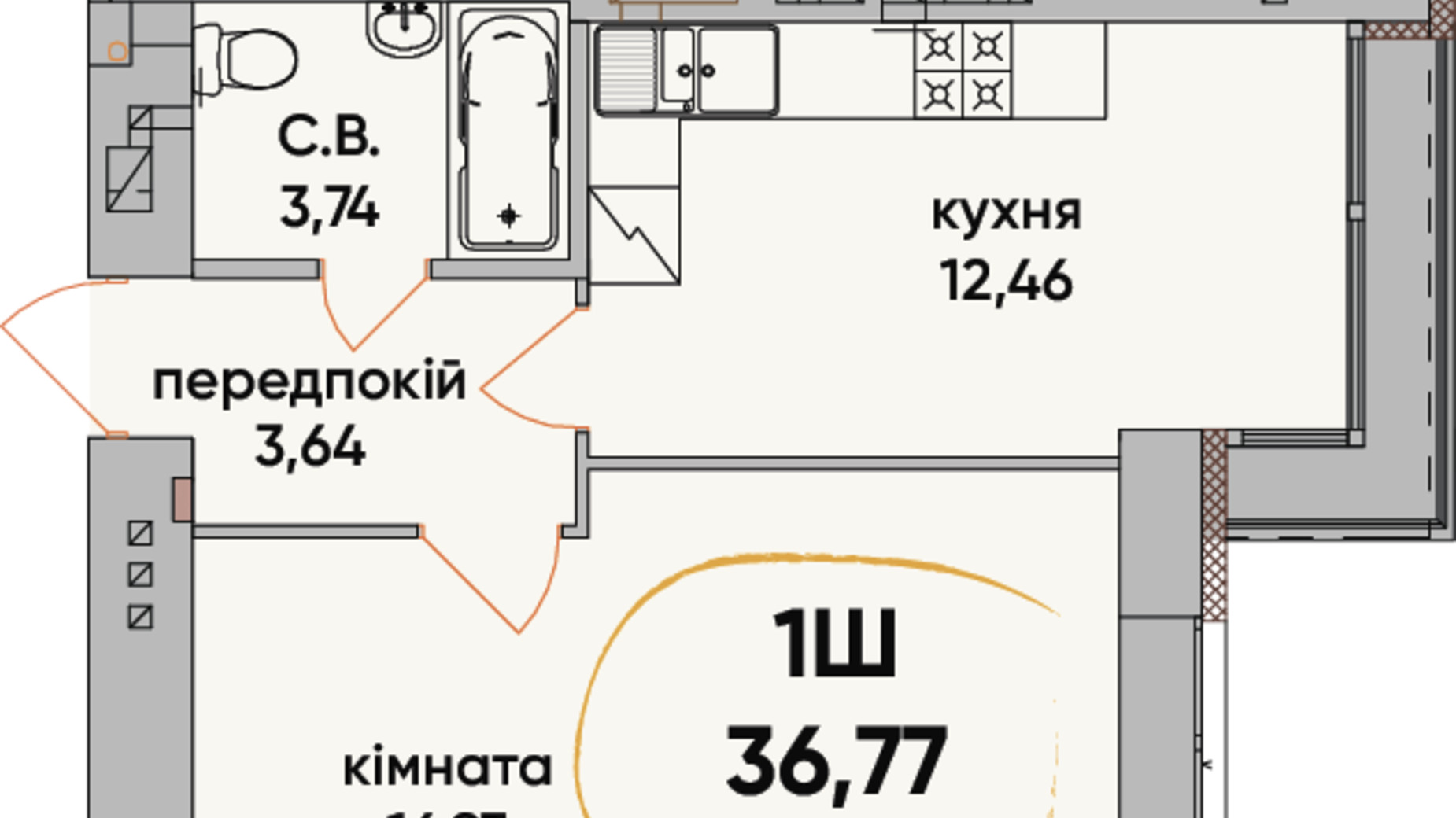 Планування 1-кімнатної квартири в ЖК Сontinent RAY 36.77 м², фото 248822