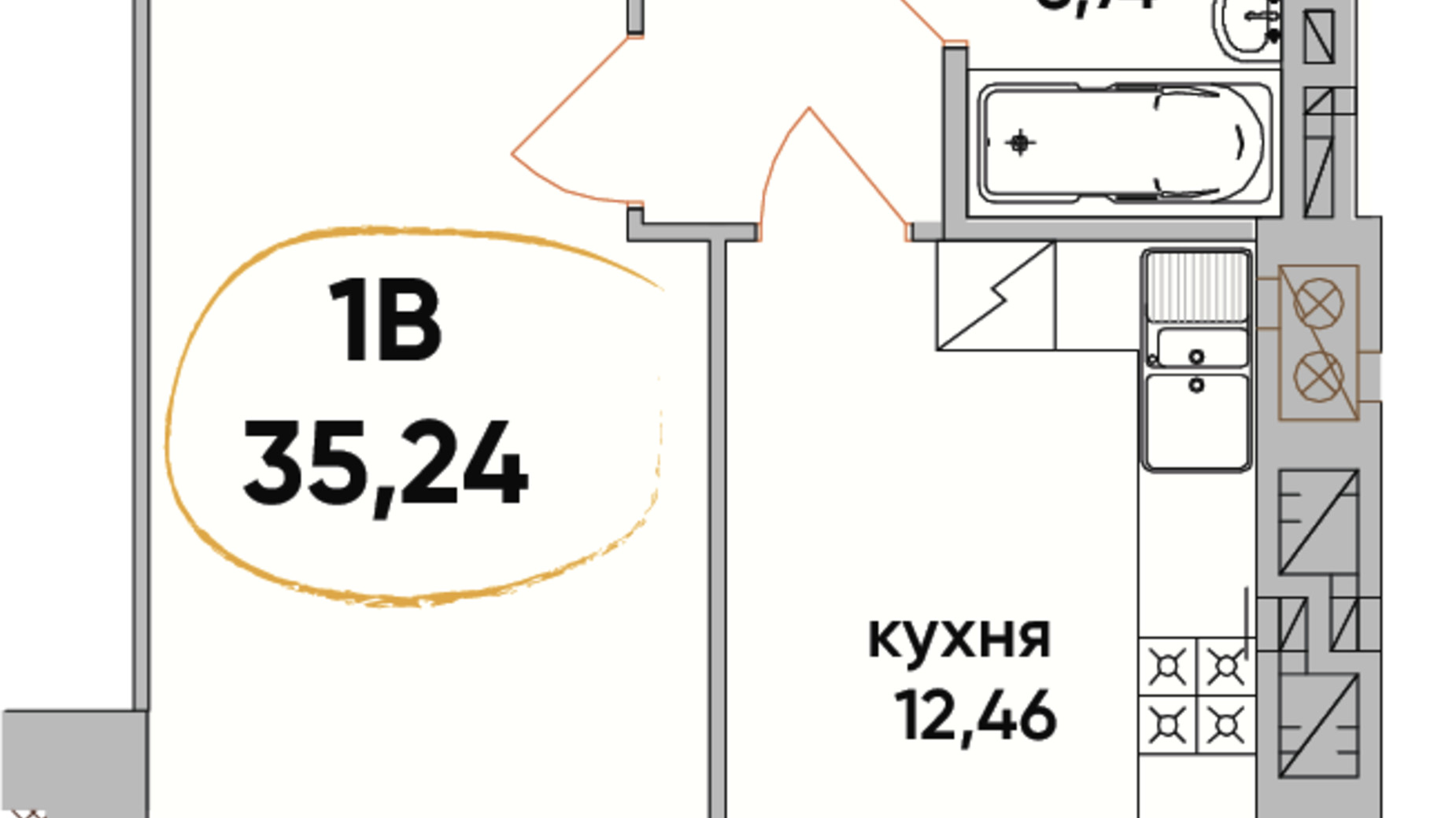 Планировка 1-комнатной квартиры в ЖК Сontinent RAY 35.24 м², фото 248827