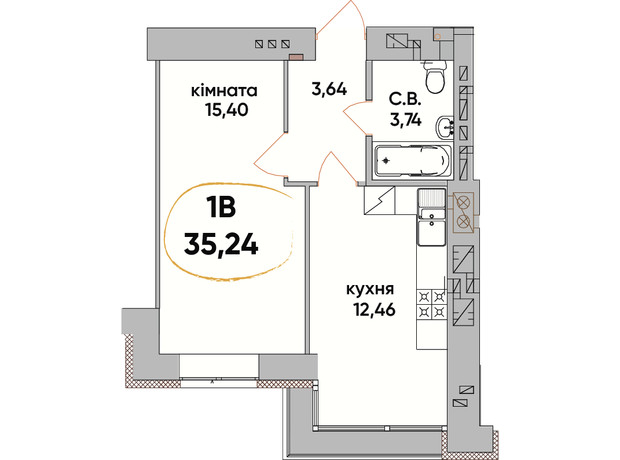 ЖК Сontinent RAY: планування 1-кімнатної квартири 35.24 м²
