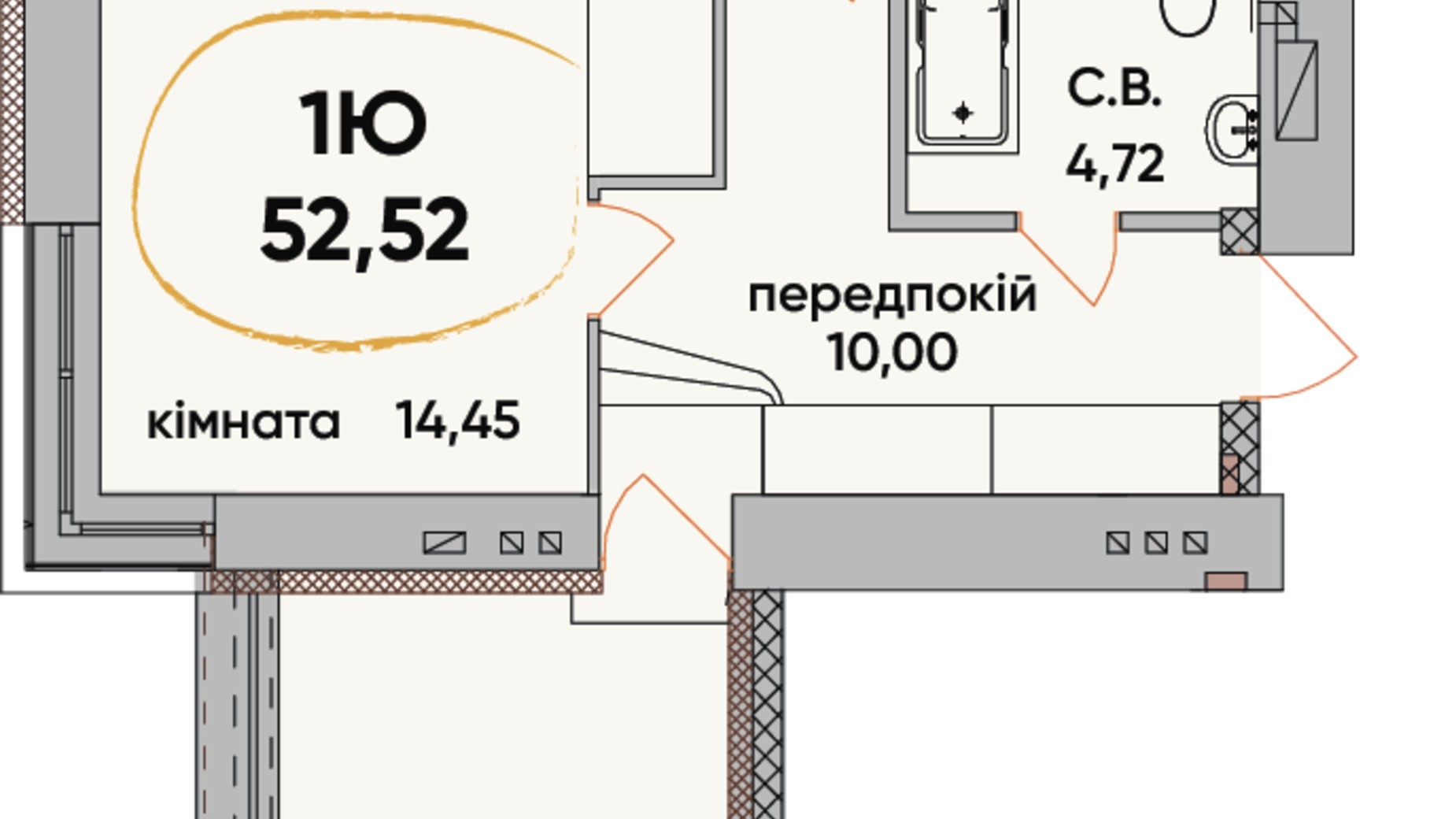 Планування 1-кімнатної квартири в ЖК Сontinent RAY 52.52 м², фото 248828