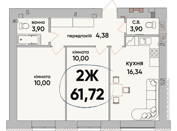ЖК Сontinent RAY: планування 2-кімнатної квартири 61.72 м²