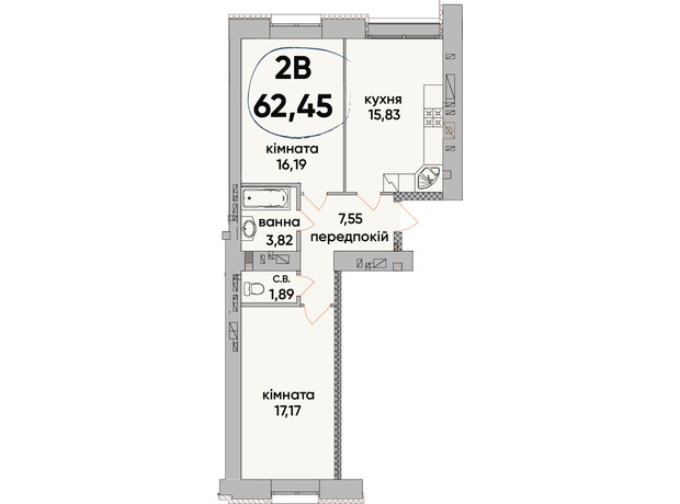 ЖК Сontinent RAY: планировка 2-комнатной квартиры 62.45 м²