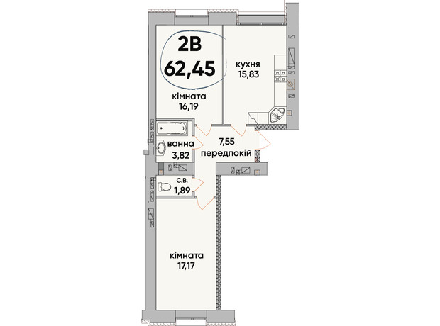 ЖК Сontinent RAY: планування 2-кімнатної квартири 62.45 м²
