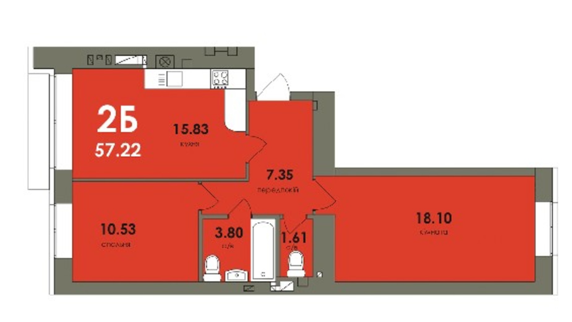 Планування 2-кімнатної квартири в ЖК Сontinent RAY 57.22 м², фото 248879