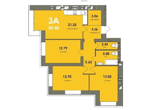 ЖК Сontinent RAY: планування 3-кімнатної квартири 80.46 м²