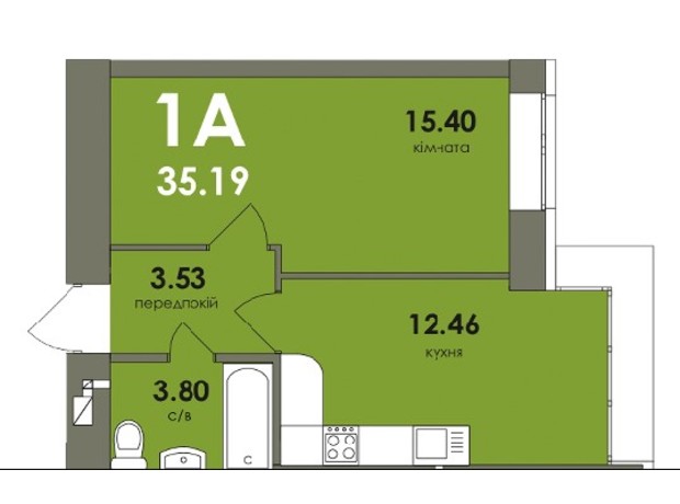 ЖК Сontinent RAY: планировка 1-комнатной квартиры 35.19 м²