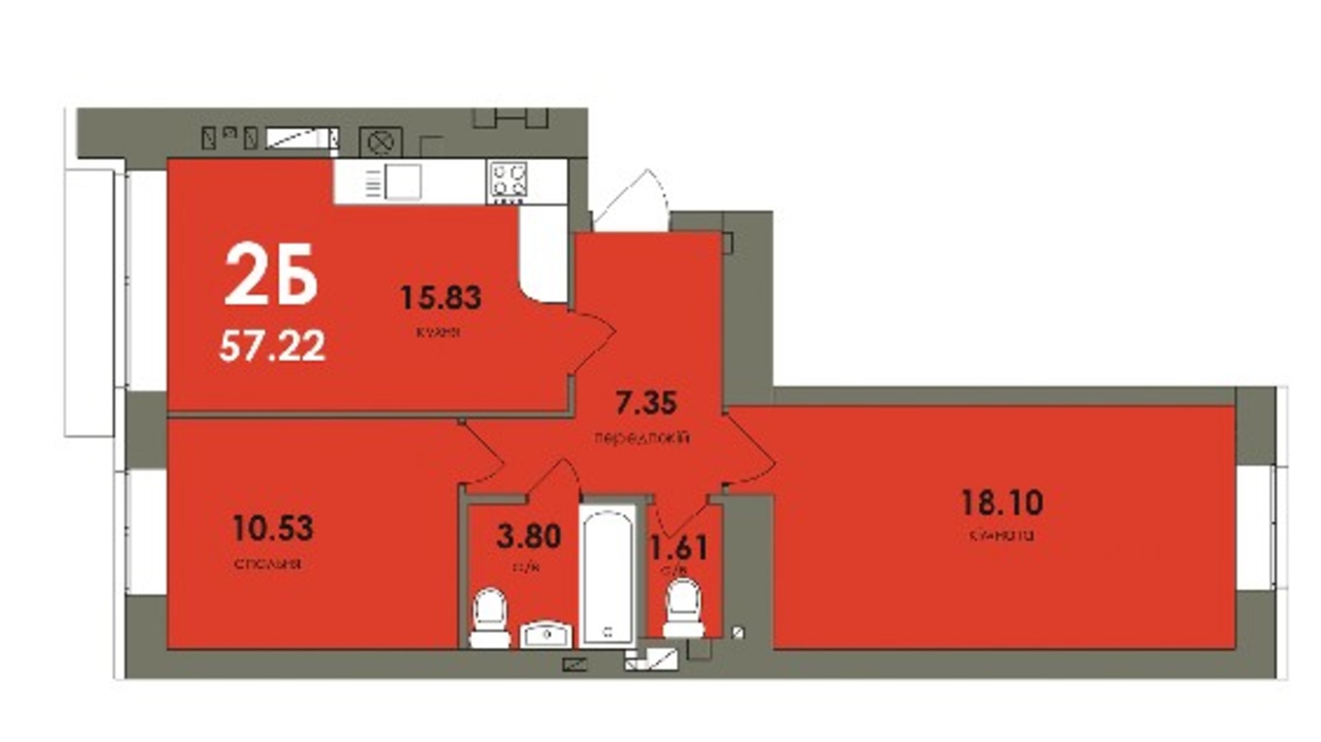 Планування 2-кімнатної квартири в ЖК Сontinent RAY 57.22 м², фото 248885