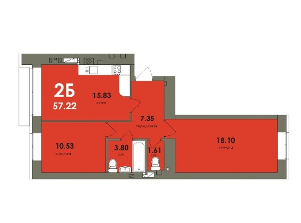 ЖК Сontinent RAY: планування 2-кімнатної квартири 57.22 м²