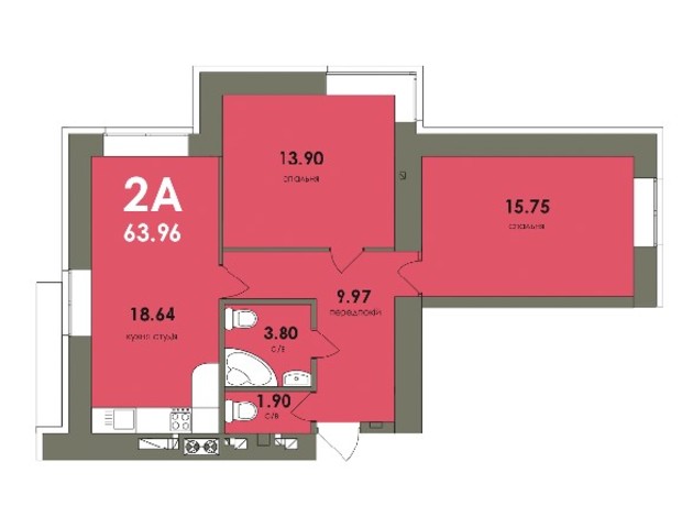 ЖК Сontinent RAY: планування 2-кімнатної квартири 63.96 м²