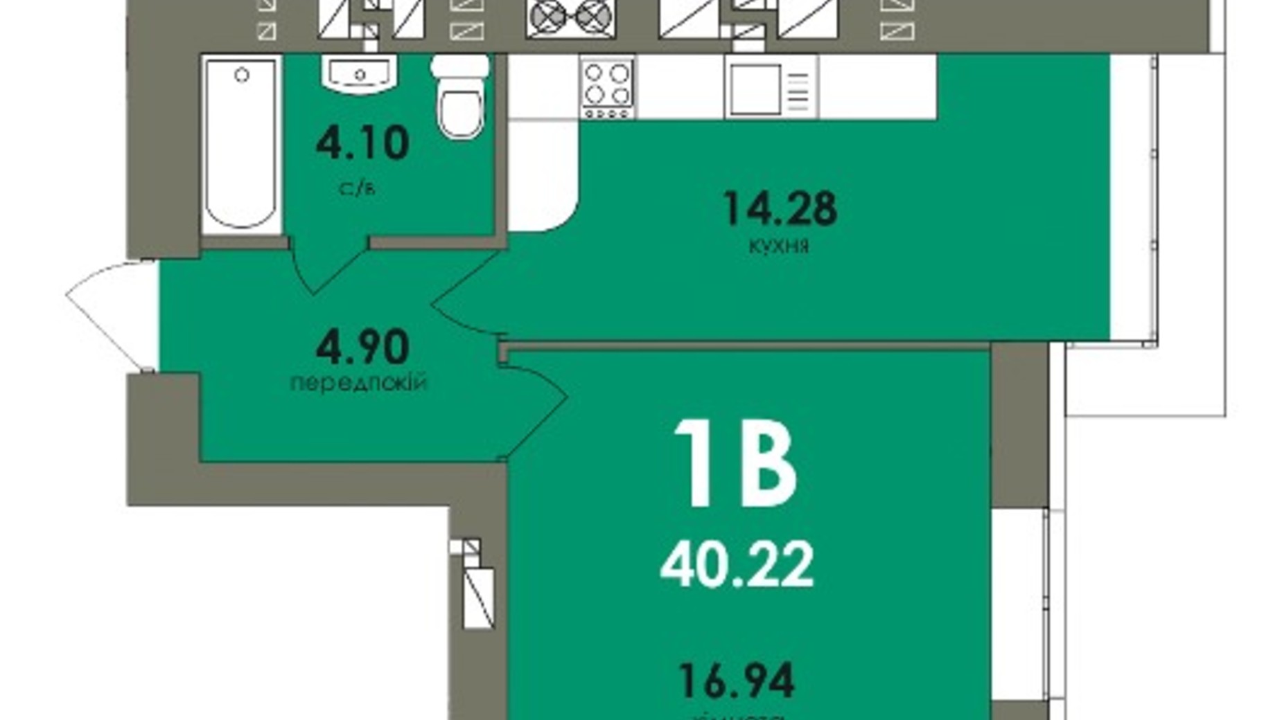 Планування 1-кімнатної квартири в ЖК Сontinent RAY 40.22 м², фото 248888