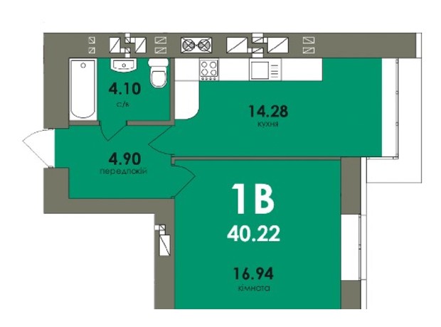 ЖК Сontinent RAY: планування 1-кімнатної квартири 40.22 м²