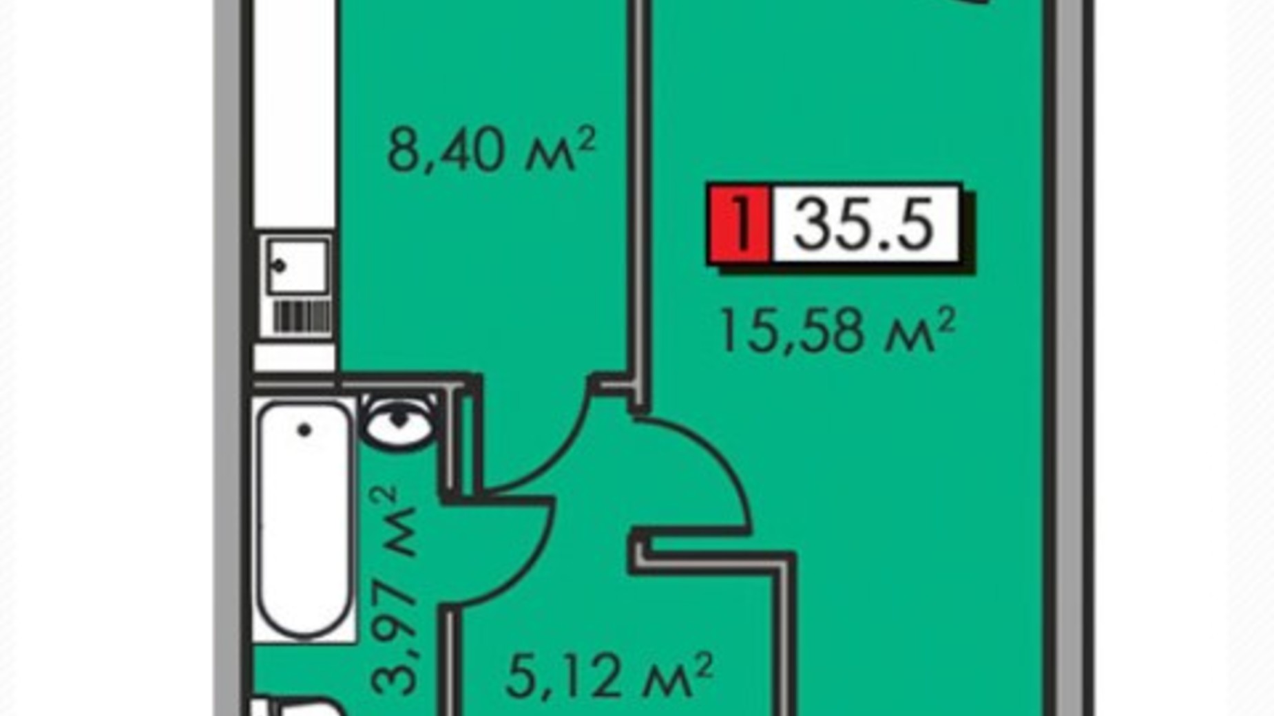 Планування 1-кімнатної квартири в ЖК Парковий квартал 35.5 м², фото 248929