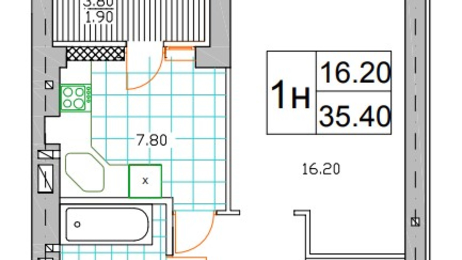 Планування 1-кімнатної квартири в ЖК Саме той 36.9 м², фото 249019