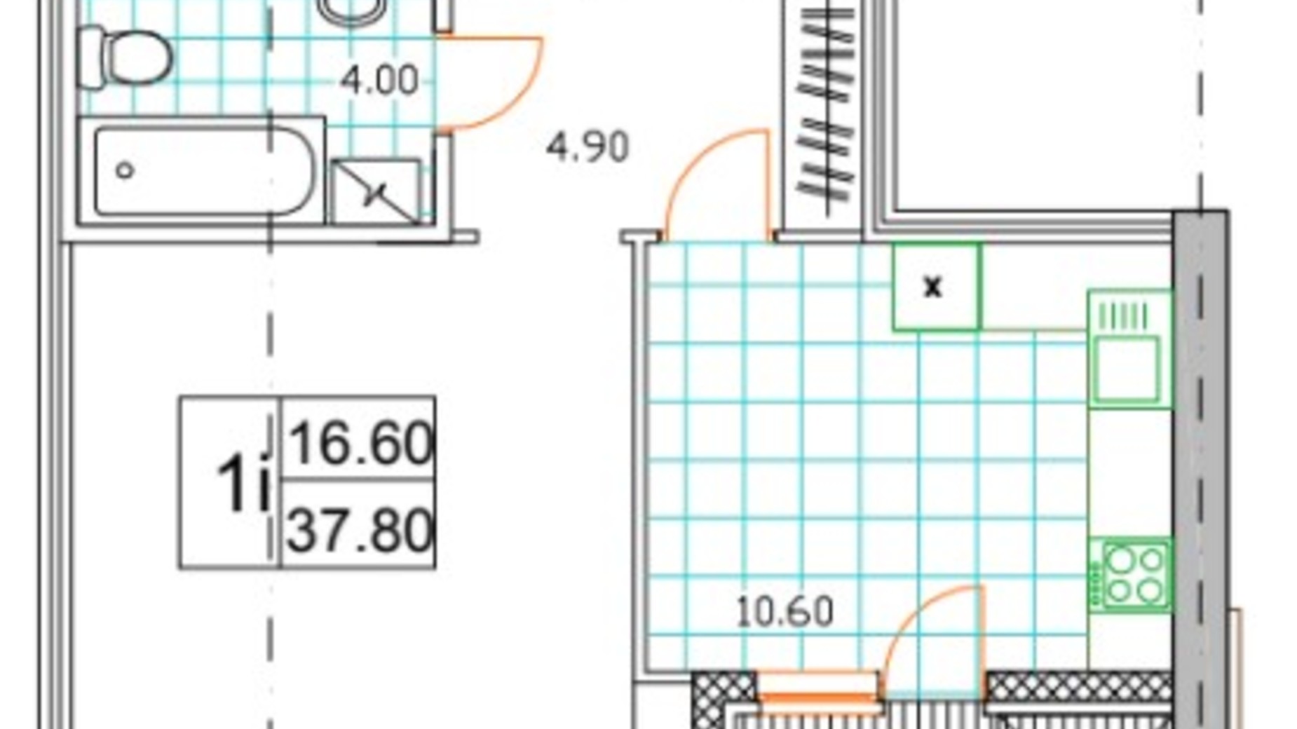 Планування 1-кімнатної квартири в ЖК Саме той 39.1 м², фото 249031