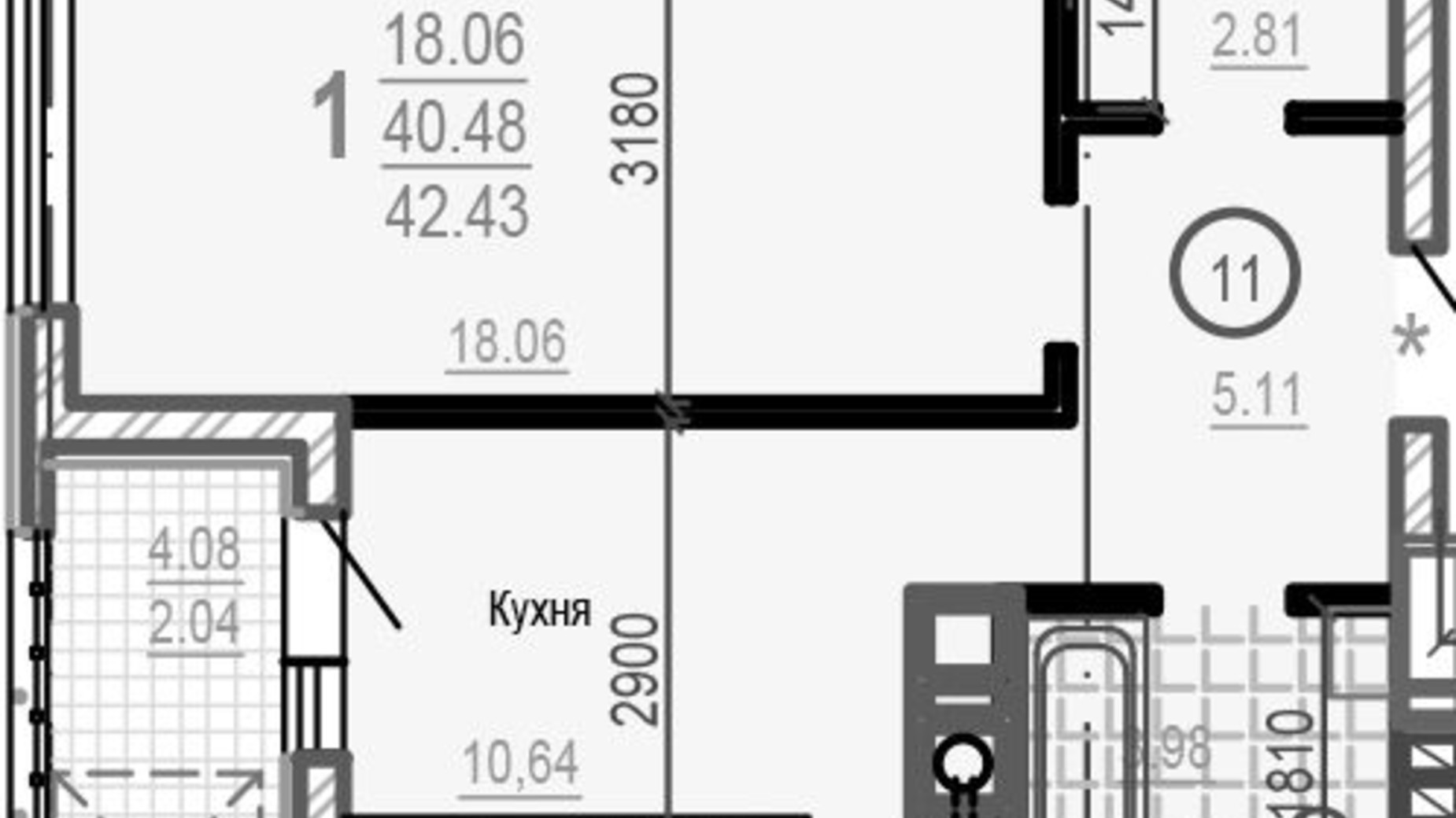 Планировка 1-комнатной квартиры в ЖК Брюссель 42.43 м², фото 249464