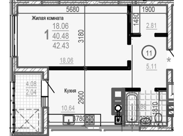 ЖК Брюссель: планировка 1-комнатной квартиры 42.43 м²